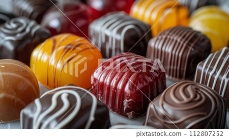 AI-generated content. Assorted jelly candies with chocolate drizzle, sweet treats close-up AI-generated content. Assorted jelly candies with chocolate drizzle, sweet treats close-up 112807252