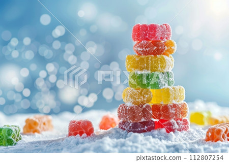AI-generated content. Colorful jelly candies stacked in a festive tower on a snowy background AI-generated content. Colorful jelly candies stacked in a festive tower on a snowy background 112807254