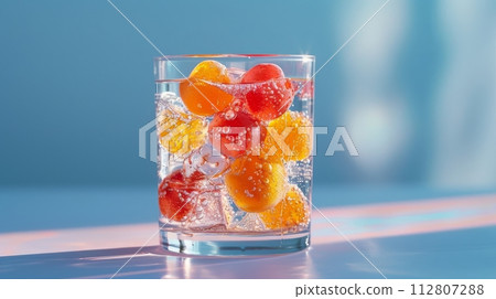 AI-generated content. Colorful jelly candies in sparkling water with bubbles AI-generated content. Colorful jelly candies in sparkling water with bubbles 112807288