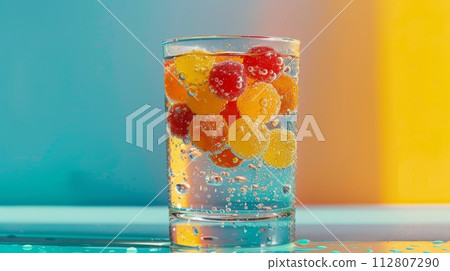 AI-generated content. Colorful jelly candies in sparkling water against gradient background AI-generated content. Colorful jelly candies in sparkling water against gradient background 112807290