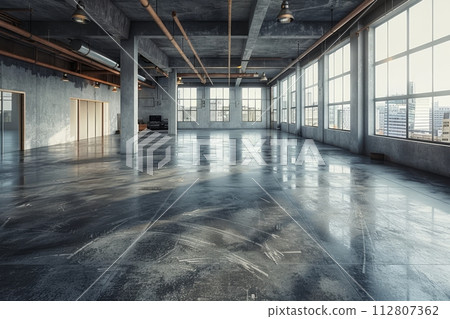 AI-generated content. Spacious industrial design studio with polished concrete floors and large windows 112807362