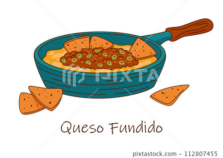 A vector illustration of a skillet with a wooden handle, filled with Queso Fundido, with nachos. 112807455