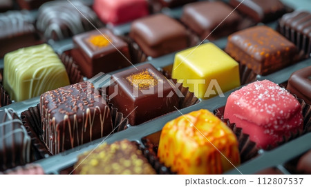 AI-generated content. Assorted artisanal chocolates in a box showcasing luxury confectionery 112807537