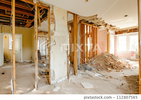 AI-generated content. An open floor plan was created by demolishing wall in home renovation process AI Generative AI-generated content. An open floor plan was created by demolishing wall in home renovation process AI Generative 112807565