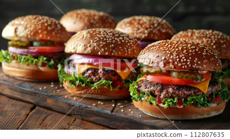 AI-generated content. Delicious gourmet hamburgers with diverse cheeses and fresh vegetables 112807635