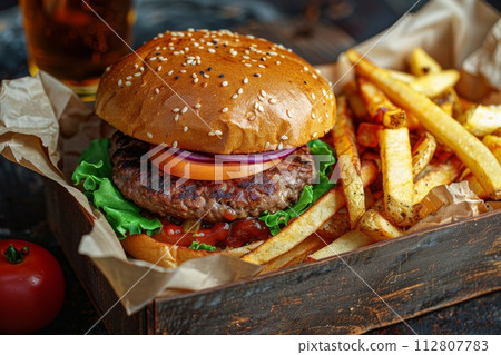 AI-generated content. Juicy gourmet burger with craft beer and artisanal fries on rustic background 112807783