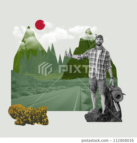 Monochrome man hitchhiking with colorful mountain landscape on background. Hiking, active hobby. Contemporary art collage. 112808016
