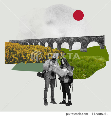 Young couple, friends, man and woman travelling going hiking, camping. Active hobby. Contemporary art collage. Young couple, friends, man and woman travelling going hiking, camping. Active hobby. Contemporary art collage. 112808019
