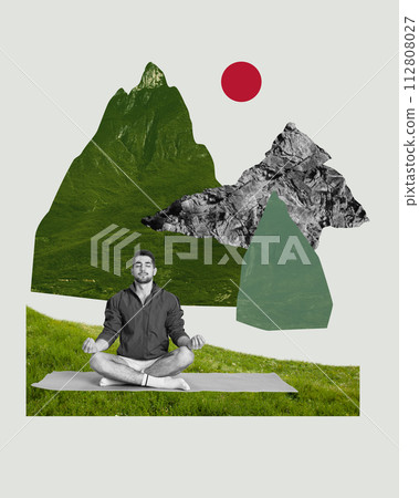 Monochrome image of relaxed young man sitting around colorful nature, mountains and meditating. Contemporary art collage. 112808027
