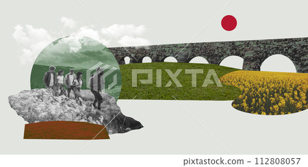 Group of young people, men and women travelling together, hiking with backpacks. Summer hiking. Contemporary art collage. 112808057