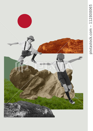 Positive, active boys, kids in retro clothes having fun, playing outdoors, jumping over rocks on warm summer day. Contemporary art collage. 112808065