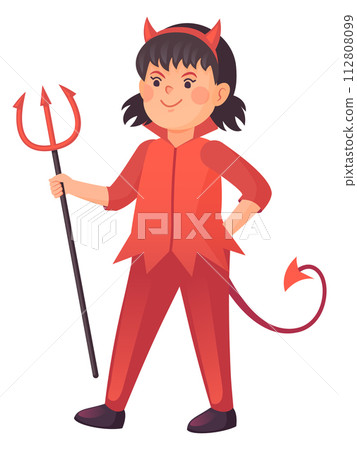 Cute girl in devil party costume. Evil haloween character 112808099