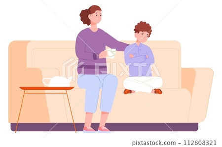 Mother comforting upset son on couch. Parenthood concept Mother comforting upset son on couch. Parenthood concept 112808321
