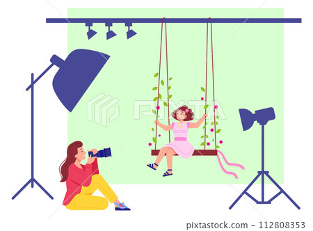 Girl on decorative romantic swing. Professional photo session 112808353