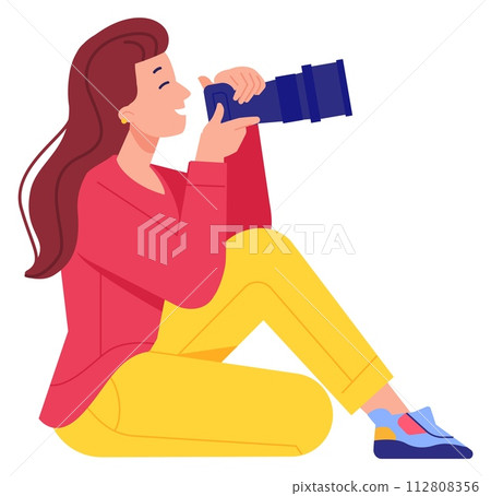 Woman shooting with photo camera. Professional female photographer Woman shooting with photo camera. Professional female photographer 112808356