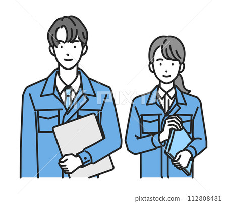 A man and a woman wearing work clothes and giving guidance (upper body) 112808481