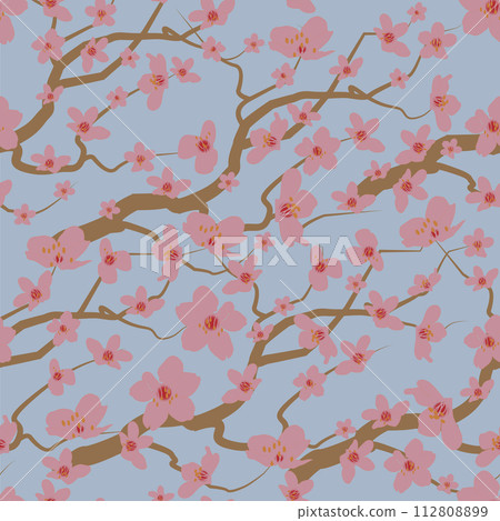 Vector vintage style artwork hand drawn cream cherry blossom seamless pattern on blue background. 112808899