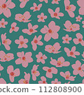 Vector vintage style artwork hand drawn pink cherry blossom seamless pattern on green background. 112808900