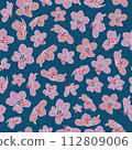 Vector vintage style artwork hand drawn pink and peach cherry blossom seamless pattern on blue background. 112809006