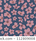 Vector vintage style artwork hand drawn cream cherry blossom seamless pattern on blue background. 112809008