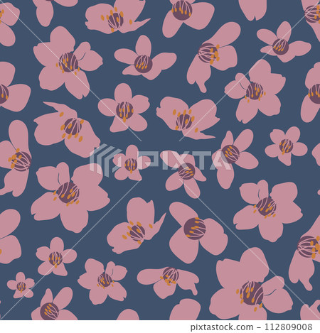 Vector vintage style artwork hand drawn cream cherry blossom seamless pattern on blue background. 112809008
