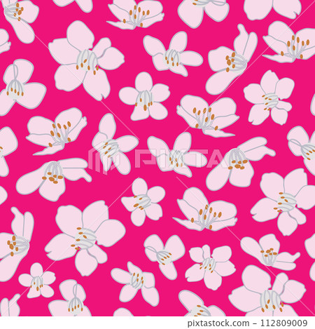 Vector vintage style artwork hand drawn light pink cherry blossom seamless pattern on bright pink background. 112809009