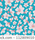 Vector vintage style artwork white cherry blossom seamless pattern on vibrant blue background. 112809010