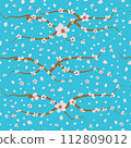 Vector vintage style artwork pink cherry blossom and branches seamless pattern on blue background. 112809012