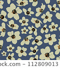 Vector vintage style artwork hand drawn cream cherry blossom seamless pattern on blue background. 112809013