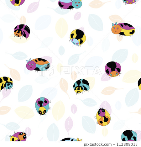 Vector colourful lil ladybugs with colourful personalities on transparent leafy background Vector colourful lil ladybugs with colourful personalities on transparent leafy background 112809015