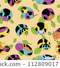 Vector hand drawn colourful lil ladybugs with their own big personalities on light yellow leafy background 112809017