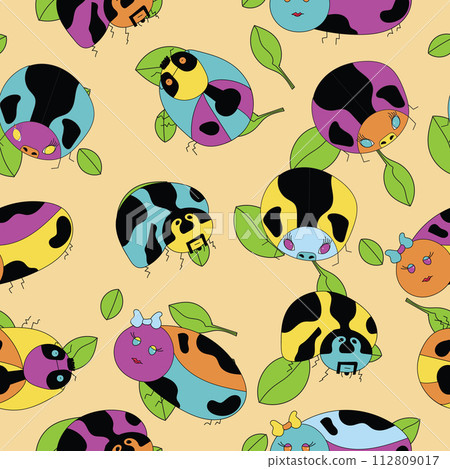 Vector hand drawn colourful lil ladybugs with their own big personalities on light yellow leafy background Vector hand drawn colourful lil ladybugs with their own big personalities on light yellow leafy background 112809017