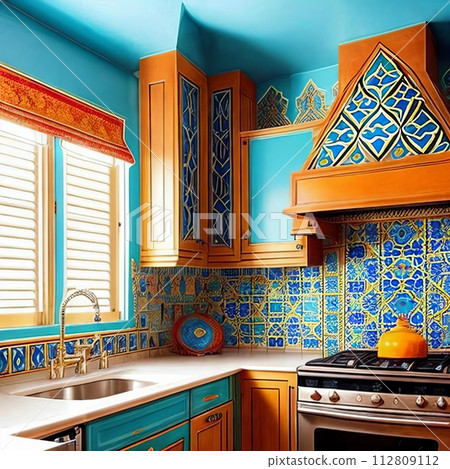 AI-generated content. Intricate patterns of a Moroccan-inspired mosaic tile backsplash in a kitchen. 112809112