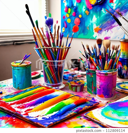 AI-generated content. Collection of artistically arranged paintbrushes and tubes of colorful acrylic paints on a messy studio table. 112809114