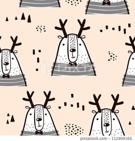 Childish seamless pattern with deer man. Trendy scandinavian vector background. Perfect for kids apparel,fabric, textile, nursery decoration,wrapping paper 112809168