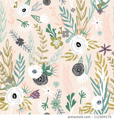 Seamless pattern with hand drawn flowers. Creative botanical background. Perfect for kids apparel,fabric, textile, nursery decoration,wrapping paper.Vector Illustration Seamless pattern with hand drawn flowers. Creative botanical background. Perfect for kids apparel,fabric, textile, nursery decoration,wrapping paper.Vector Illustration 112809178