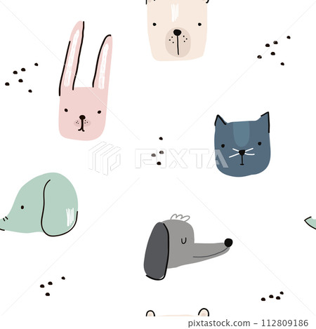Seamless pattern with hand drawn animal faces. Creative childish background. Perfect for kids apparel,fabric, textile, nursery decoration,wrapping paper.Vector Illustration Seamless pattern with hand drawn animal faces. Creative childish background. Perfect for kids apparel,fabric, textile, nursery decoration,wrapping paper.Vector Illustration 112809186