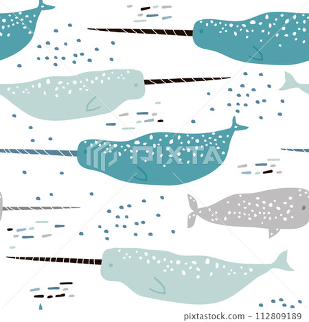 Marine seamless pattern with hand drawn narwhals, Childish texture for fabric, textile, nursery, wrapping. Vector Illustration 112809189