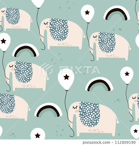 Seamless pattern with cute elephants with balloons in scandinavian style. Creative vector childish background for kids fabric, textile,wrapping, apparel 112809190