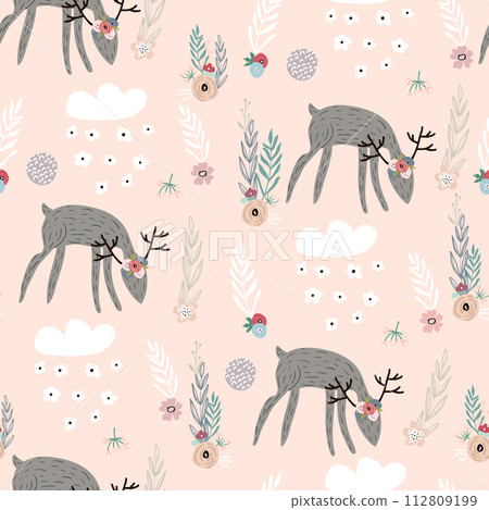 Seamless pattern with deers, floral elements, branches. Creative woodland background. Perfect for kids apparel,fabric, textile, nursery decoration,wrapping paper.Vector Illustration 112809199