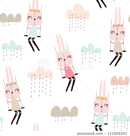 Seamless pattern with cute rabbit girls . Creative childish background. Perfect for kids apparel,fabric, textile, nursery decoration,wrapping paper.Vector Illustration 112809203