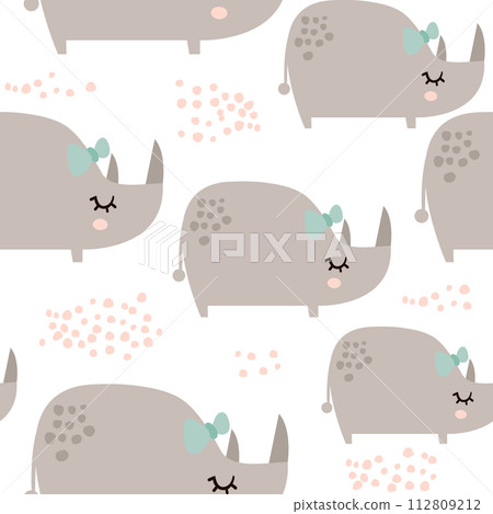 Seamless pattern with cute rhinoceros girls in scandinavian style. Creative vector childish background for kids fabric, textile,wrapping, apparel 112809212