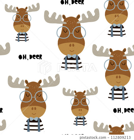 Childish seamless pattern with elks in glasses. Trendy scandinavian vector background. Perfect for kids apparel,fabric, textile, nursery decoration,wrapping paper 112809213