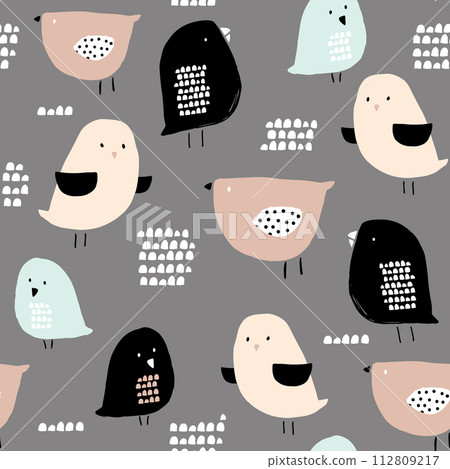 Seamless pattern with hand drawn tiny birds. Trendy scandinavian vector background. Perfect for kids apparel,fabric, textile, nursery decoration,wrapping paper 112809217