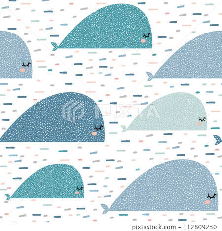 Seamless pattern with cartoon whales. Childish texture for fabric, textile,apparel. Vector background Seamless pattern with cartoon whales. Childish texture for fabric, textile,apparel. Vector background 112809230