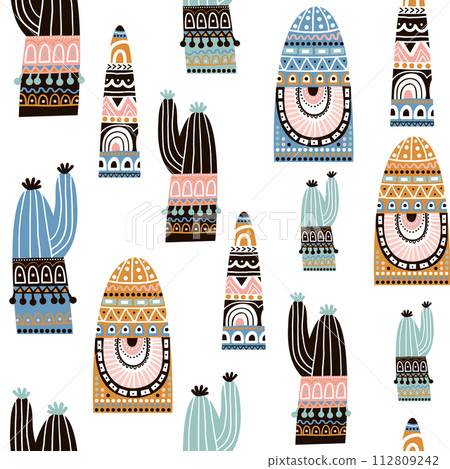 Seamless pattern with cactuse in tribal style. Decorative cactuse background. Vector Illustration 112809242