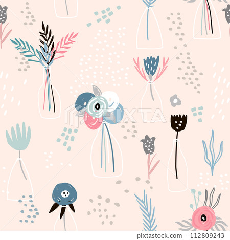 Seamless minimalistic pattern with ink flowers in vases. Creative fashion background. Perfect for fabric, wrapping, wallpaper, textile, apparel 112809243