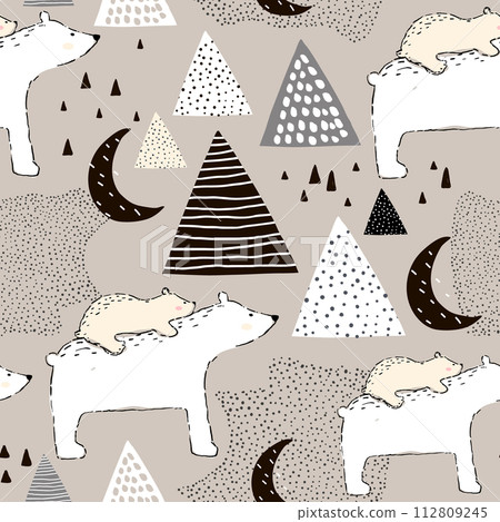 Seamless childish pattern with polar bear mom and baby. Creative kids design. Perfect for fabric, textile, warpping, nursery.Vector Illustration 112809245