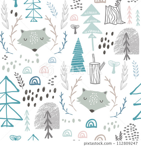 Seamless woodland pattern with wolf heads. Creative height detailed background. Perfect for kids apparel,fabric, textile, nursery decoration,wrapping paper.Vector Illustration Seamless woodland pattern with wolf heads. Creative height detailed background. Perfect for kids apparel,fabric, textile, nursery decoration,wrapping paper.Vector Illustration 112809247