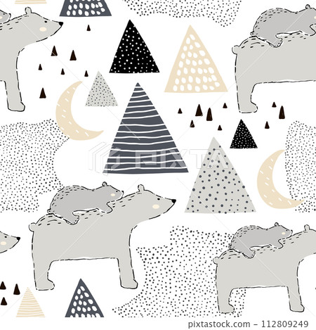 Seamless childish pattern with polar bear mom and baby. Creative kids design. Perfect for fabric, textile, warpping, nursery.Vector Illustration Seamless childish pattern with polar bear mom and baby. Creative kids design. Perfect for fabric, textile, warpping, nursery.Vector Illustration 112809249